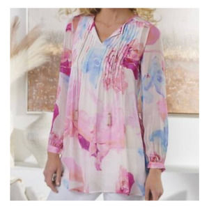 Soft Surroundings Women's Pink/Blue Floral Top Size Medium Tunic Tassel Ties